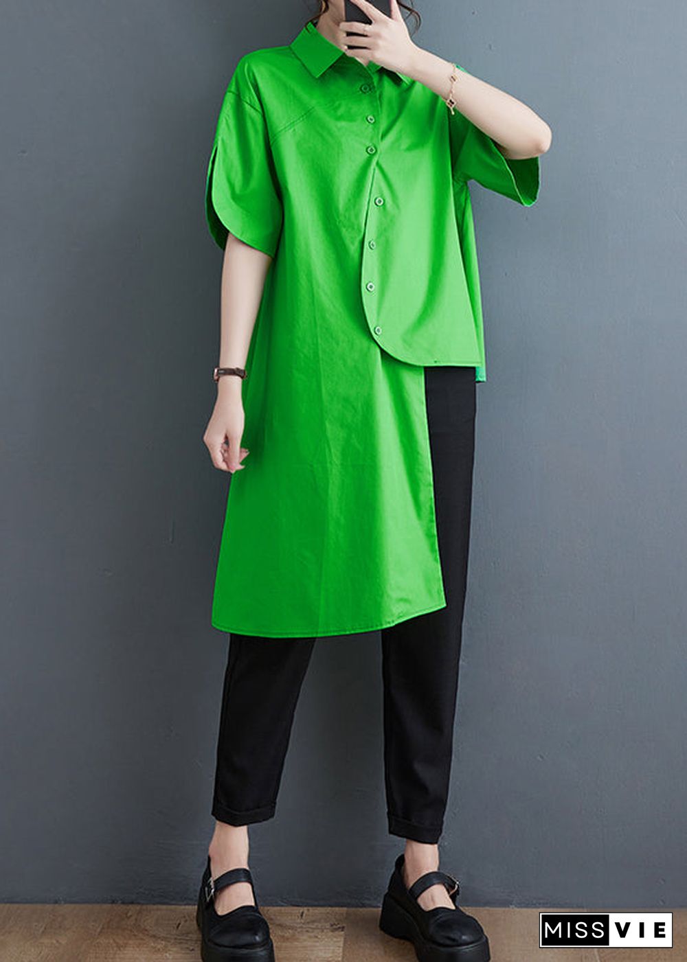 Unique Green Asymmetrical Low High Design Cotton Shirt Tops Summer