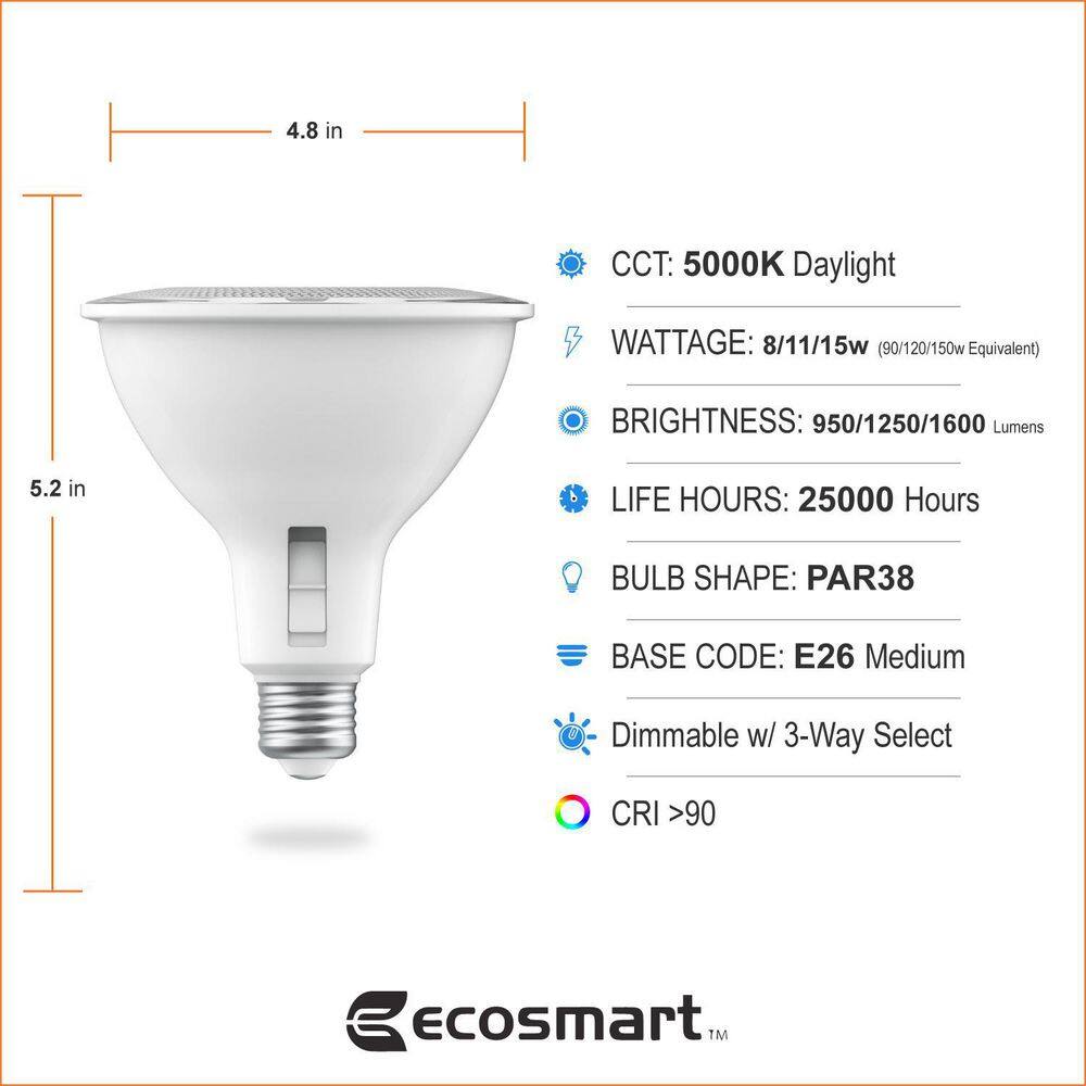 EcoSmart 90120150-Watt Equivalent PAR38 3-Way Spot Energy Star Dimmable CEC LED Light Bulb Daylight (2-Pack) FG-04305