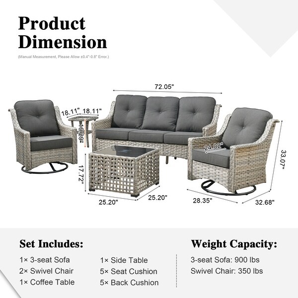 HOOOWOOO 5piece Patio Wicker Furniture Conversation Set with Swivel Chair and Coffee Table