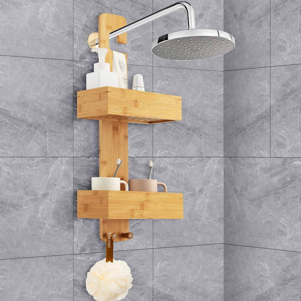 Bunpeony 2-Tier Bamboo Storage Caddy Bathroom Shelf with 2 Hooks ZY1K0078