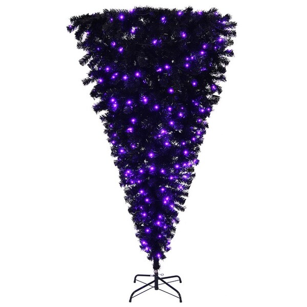 6 Ft Prelit Upside Down Artificial Christmas Tree Black Halloween Tree with 250 Purple Lights