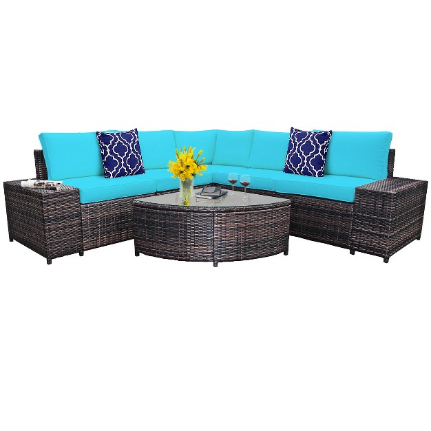 Tangkula 6 piece Outdoor Rattan Conversation Set Sectional Sofa Set With Arc shaped Table