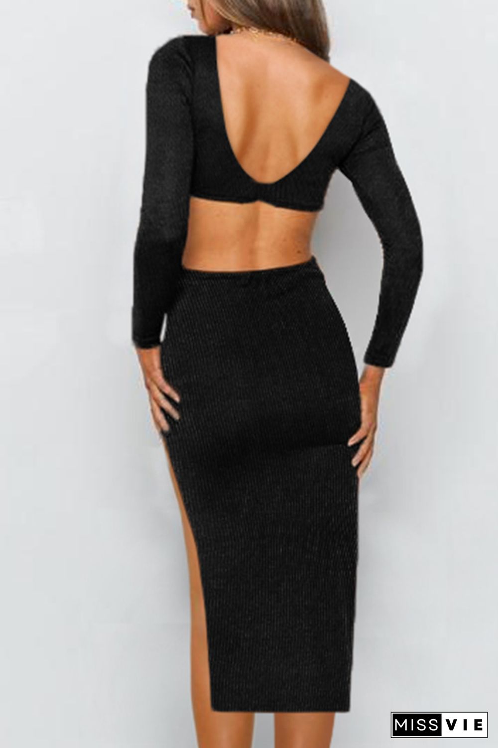 Elegant Solid Hollowed Out Backless Slit V Neck Pencil Skirt Dresses