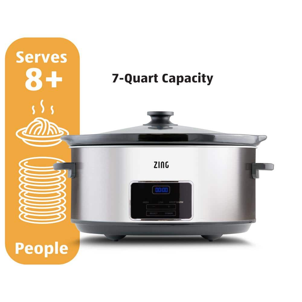 Zing 7 Qt. Oval Dark Stainless Steel Programmable Slow Cooker with Glass Lid SCO70-DS