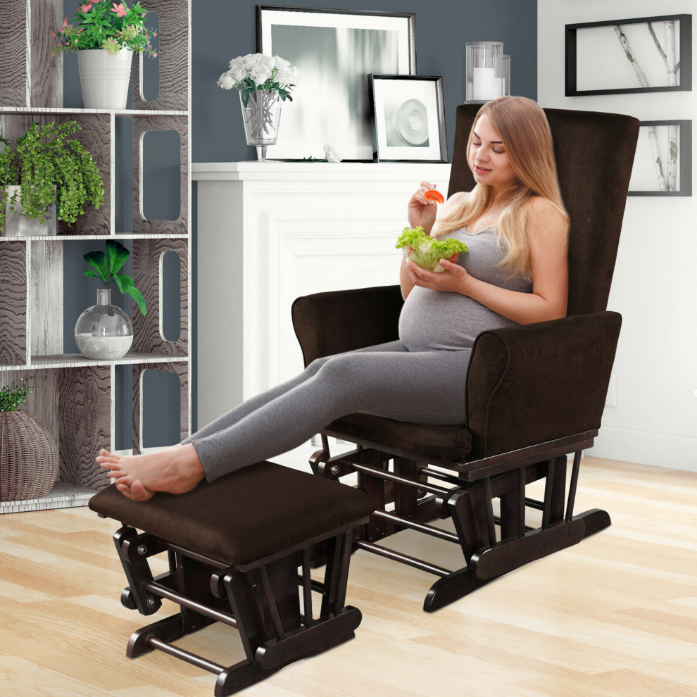 Costway Glider and Ottoman Cushion Set Wooden Baby Nursery Rocking Chair   Transitional   Gliders   by Costway INC.  Houzz