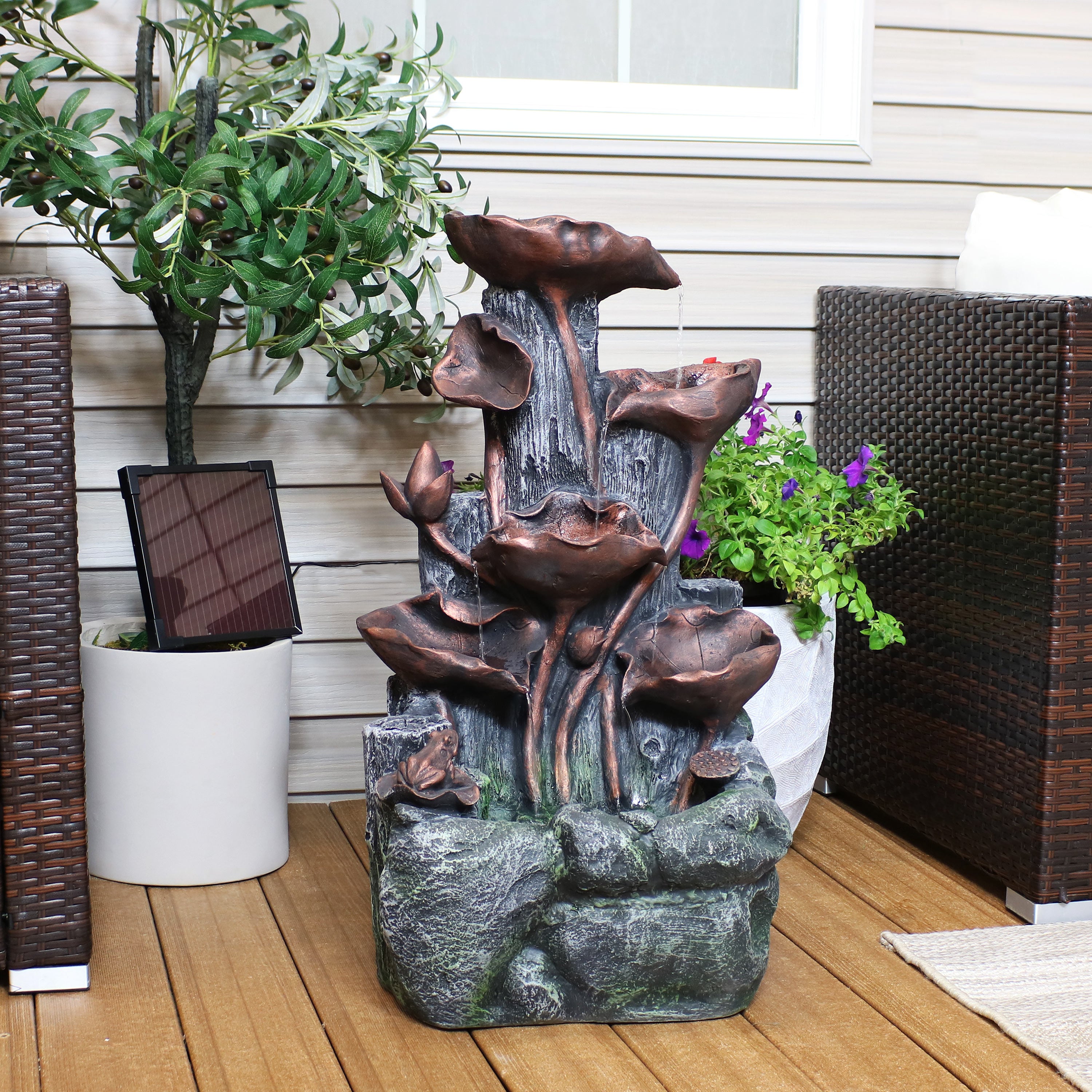 Sunnydaze Outdoor Solar Powered Tiered Driftwood and Flourishing Stem Rock Fountain with LED Light - 29