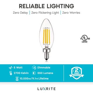 LUXRITE 60-Watt Equivalent B10 Dimmable LED Light Bulbs Clear Glass Filament 2700K Warm White (12-Pack) LR21592-12PK