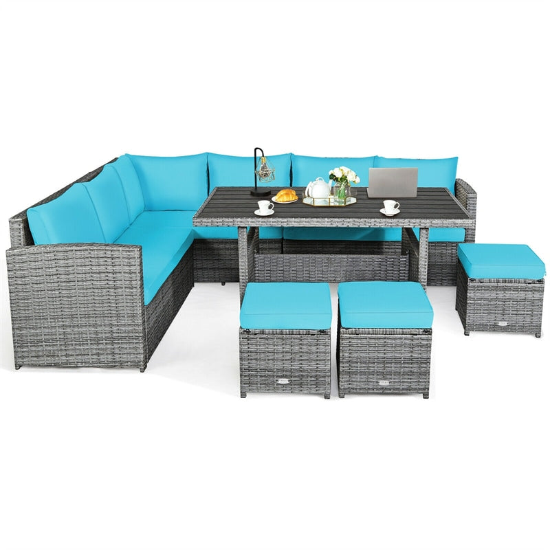 7 Pcs Rattan Patio Dining Furniture Sectional Sofa Set with Dining Table, Ottomans & Cushions