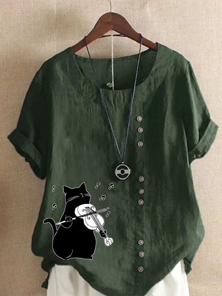 Round Neck Casual Loose Cat Print Short Sleeve Blouse