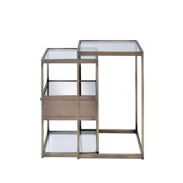 Enca Nesting Table Set (2Pcs Pack) with 1 Drawerand3 Glass Shelves -Gold