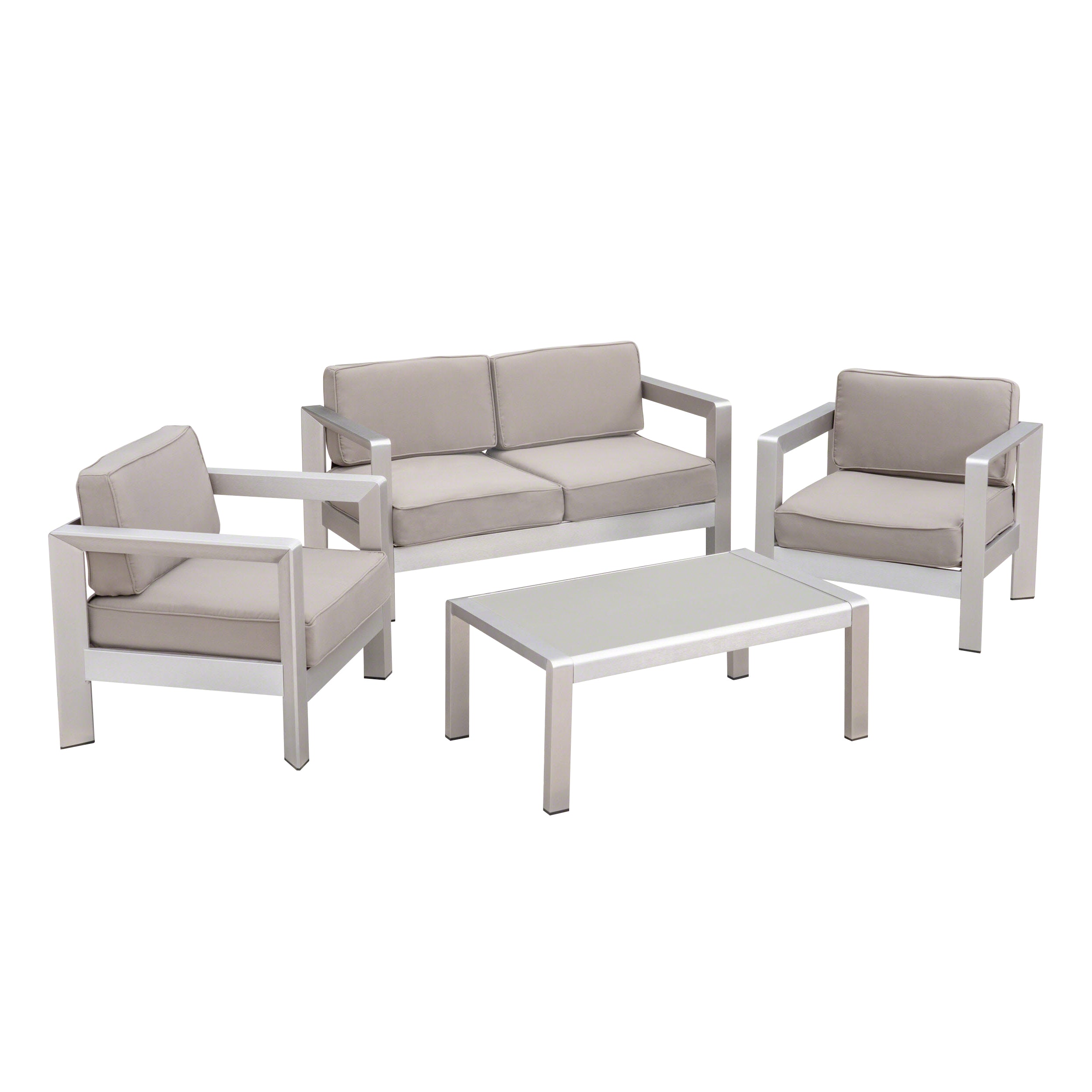 Booth Outdoor 4-Seater Aluminum Chat Set with Tempered Glass-Topped Coffee Table