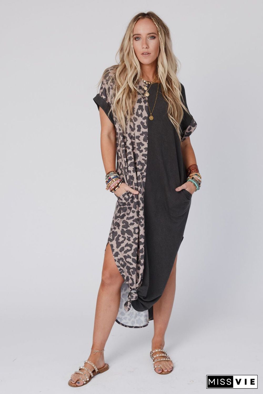 Black Contrast Solid Leopard Short Sleeve T-shirt Dress with Slits