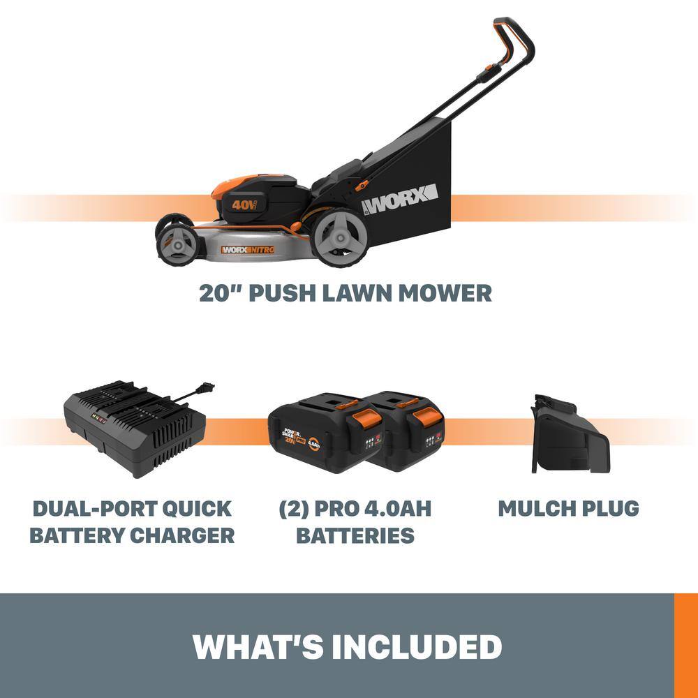 Worx WG751.3 Power Share Nitro 40V Cordless 20in. 4Ah Push Mower w/Mulching /Side Discharge， Brushless (Batteries and Charger Included)