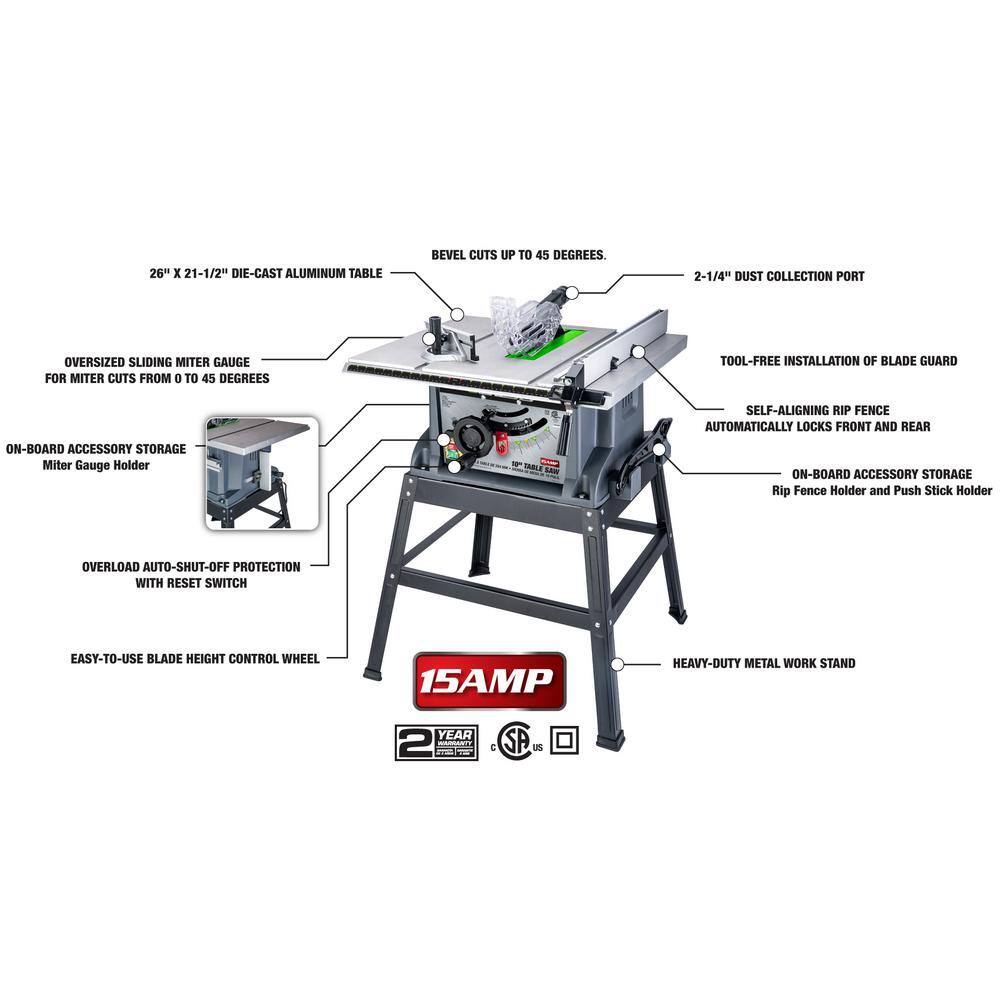 GENESIS 10 in. 15 Amp Table Saw with Metal Stand Miter Gauge Push Stick and Rip Fence GTS10SC