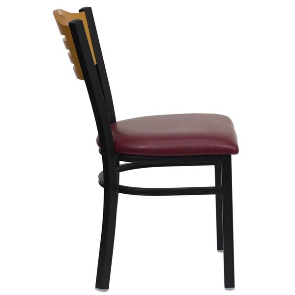 Offex Black Slat Back Metal Restaurant Chair with Natural Wood Back， Burgundy Vinyl Seat - Not Available