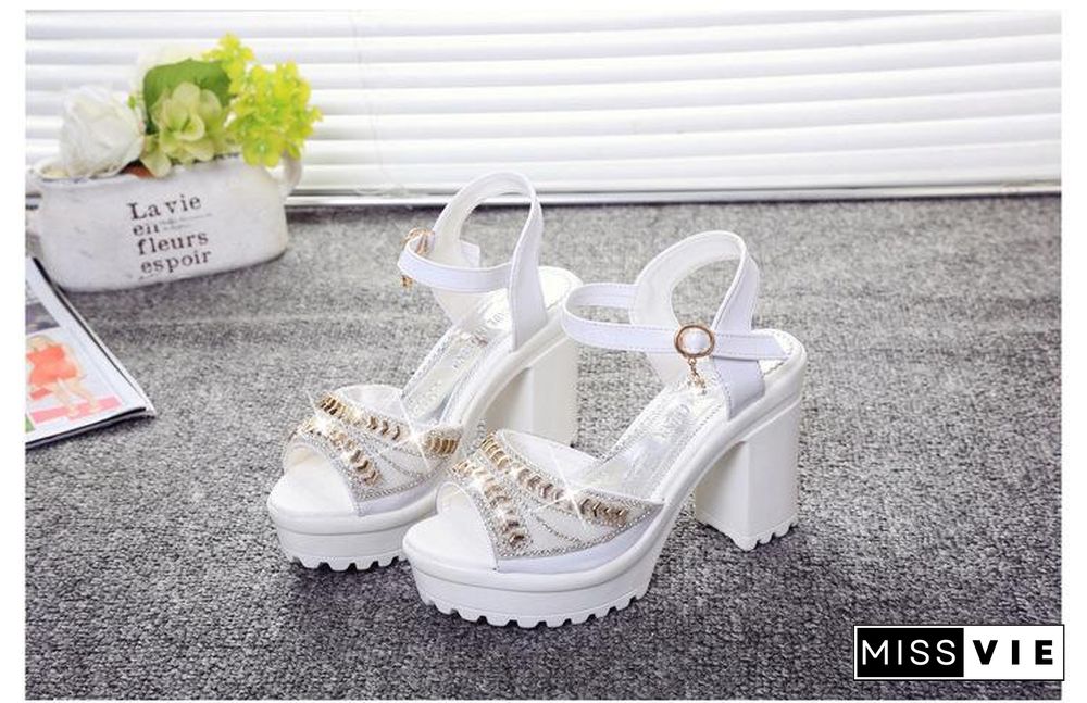 Women Square High Heel Sandals Diamond Fish Mouth Thick Bottom Sandal Shoes