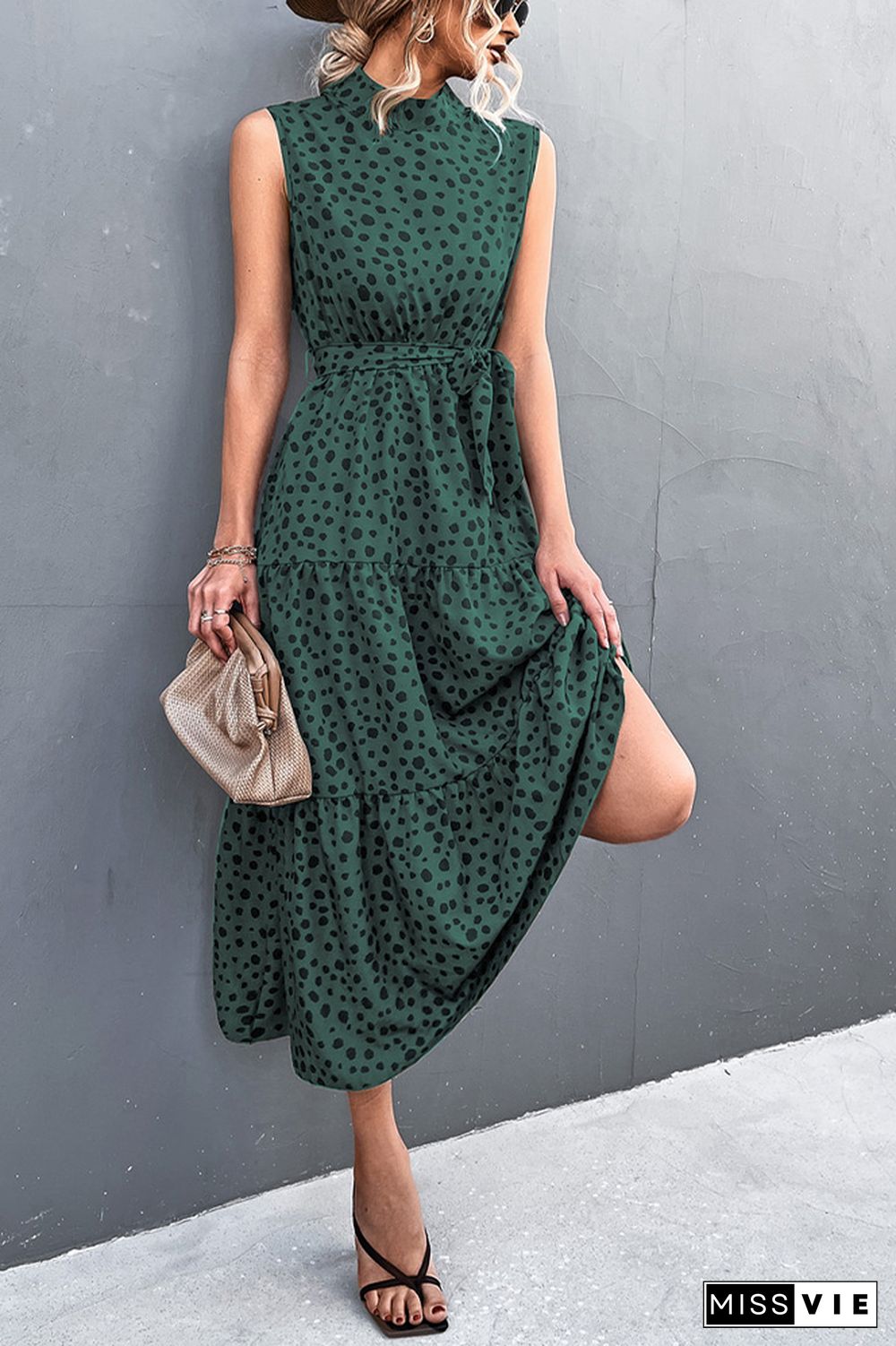 Sleeveless Leopard Printed Long Dress With Belt Wholesale