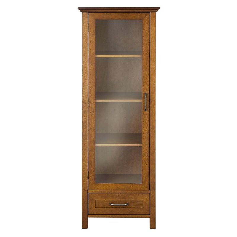 Oak Finish Linen Tower Glass Door Bathroom Storage Cabinet W/ Drawer