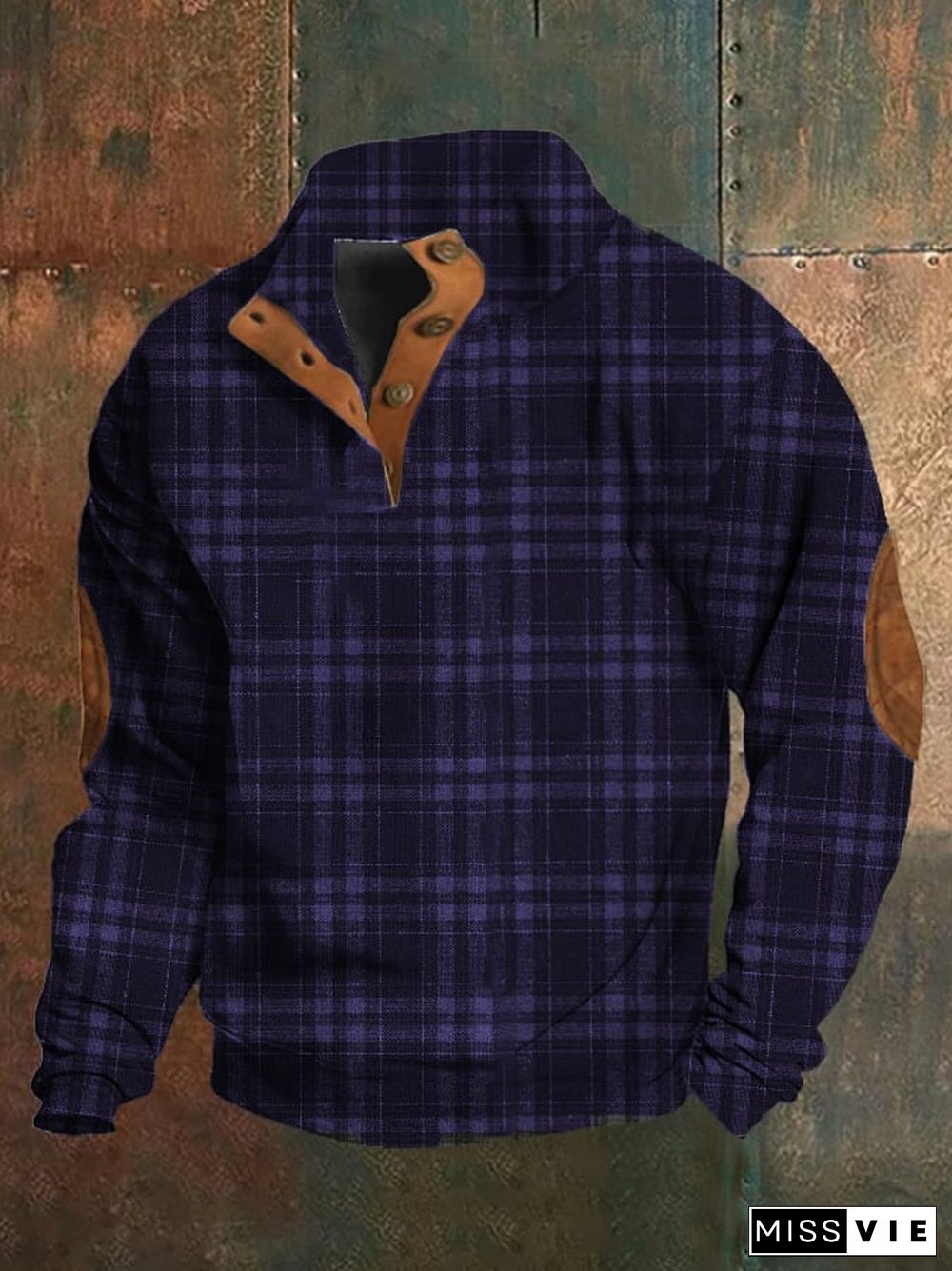 Men's Western Vintage Plaid Print Stand Collar Button-Down Sweatshirt