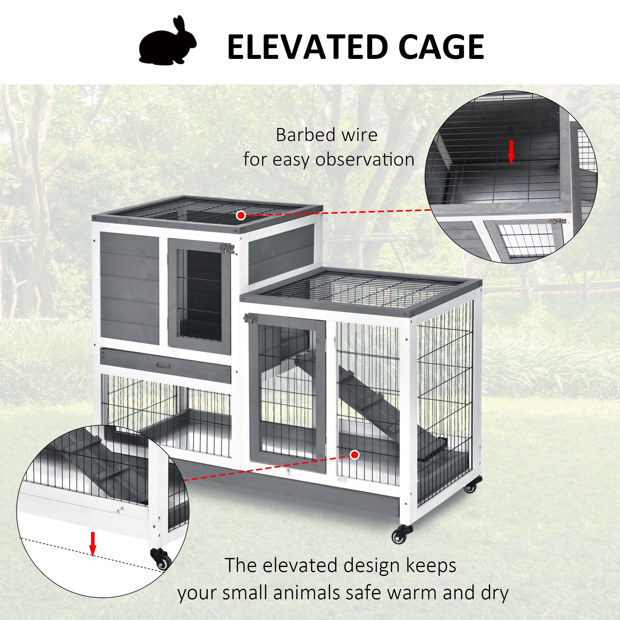 PawHut Wooden Indoor Rabbit Hutch Elevated Bunny Cage with Enclosed Run W/Wheel