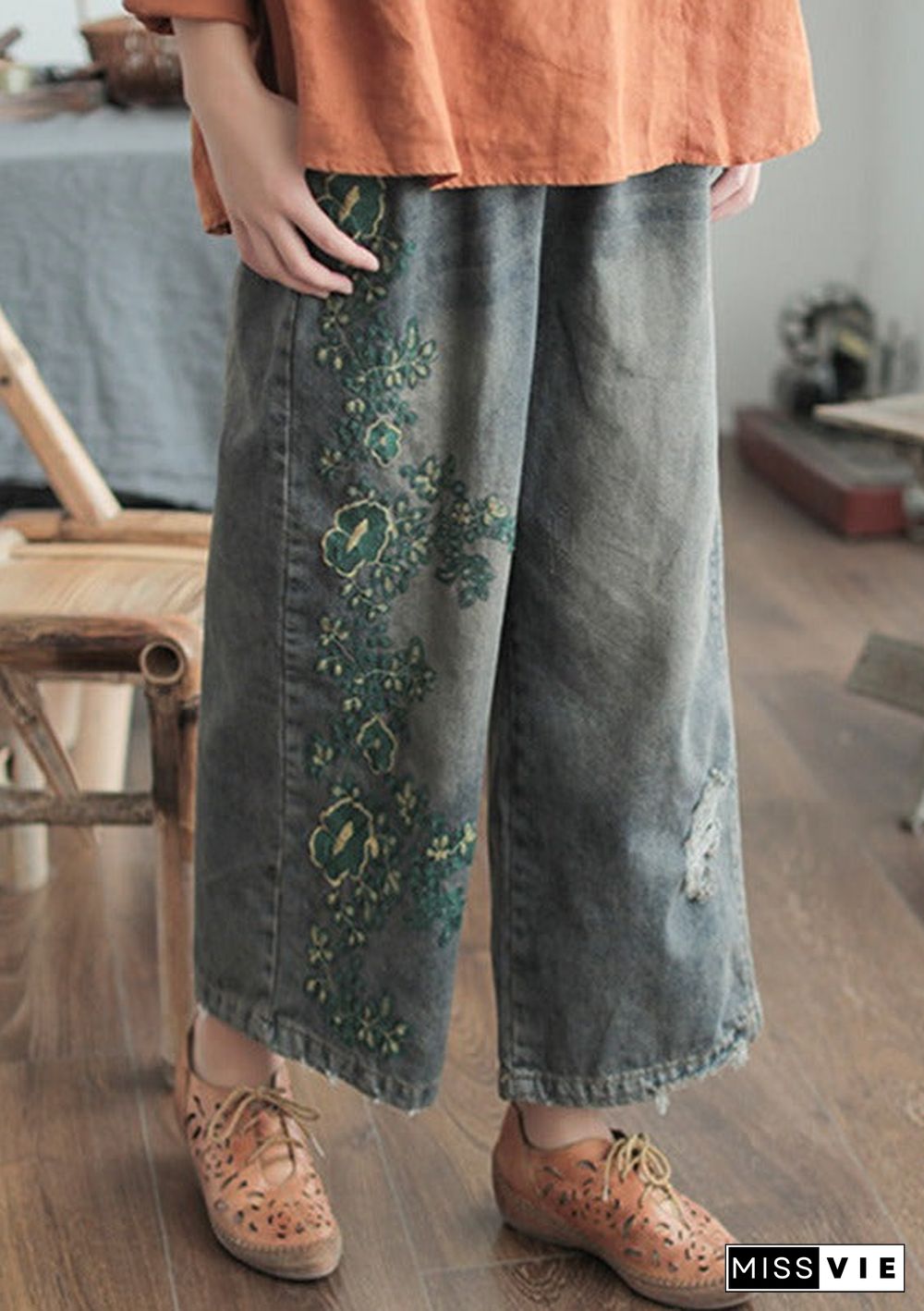 Original Embroidered Wide-Leg Column Denim Pants