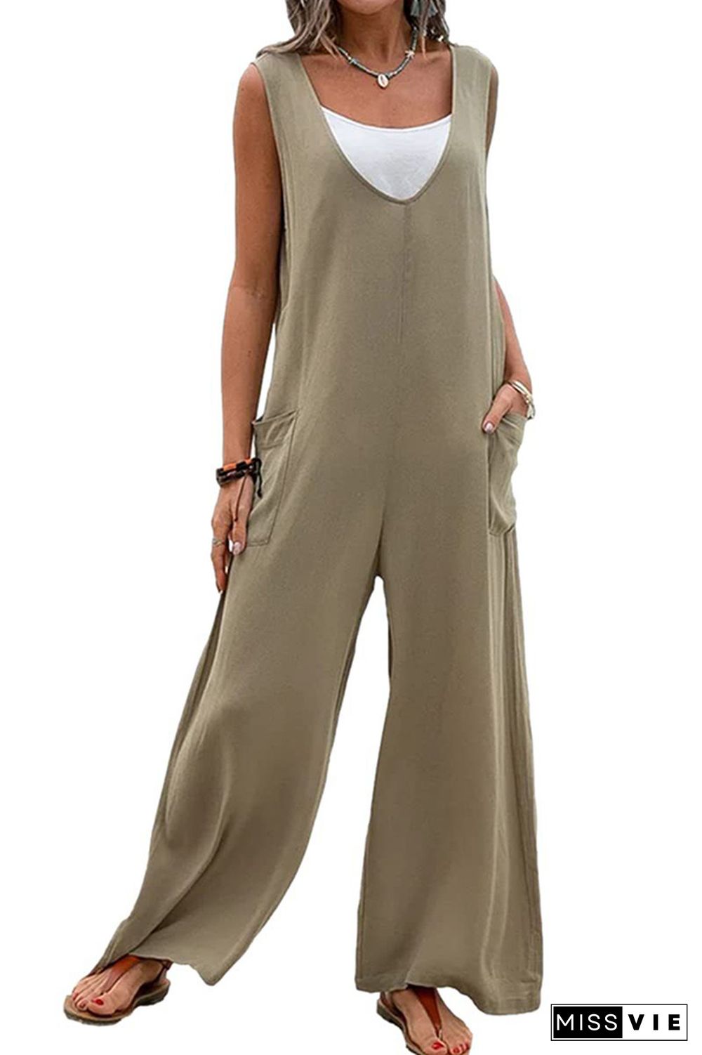 Plain V Neck Pockets Sleeveless Jumpsuit