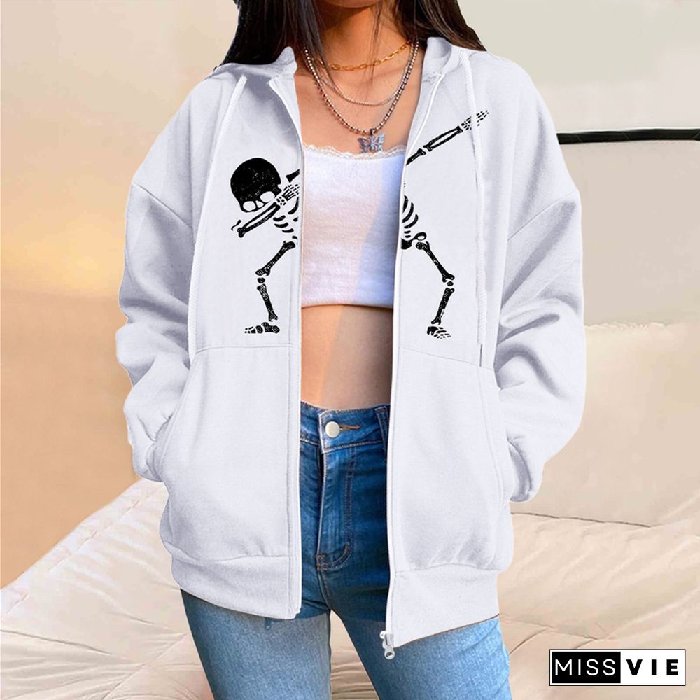 Y2k Coat Womens Skeleton Print Long Sleeve Tops With Pockets Gothic Jacket Aesthetic Punk Halloween Streetwear Clothes