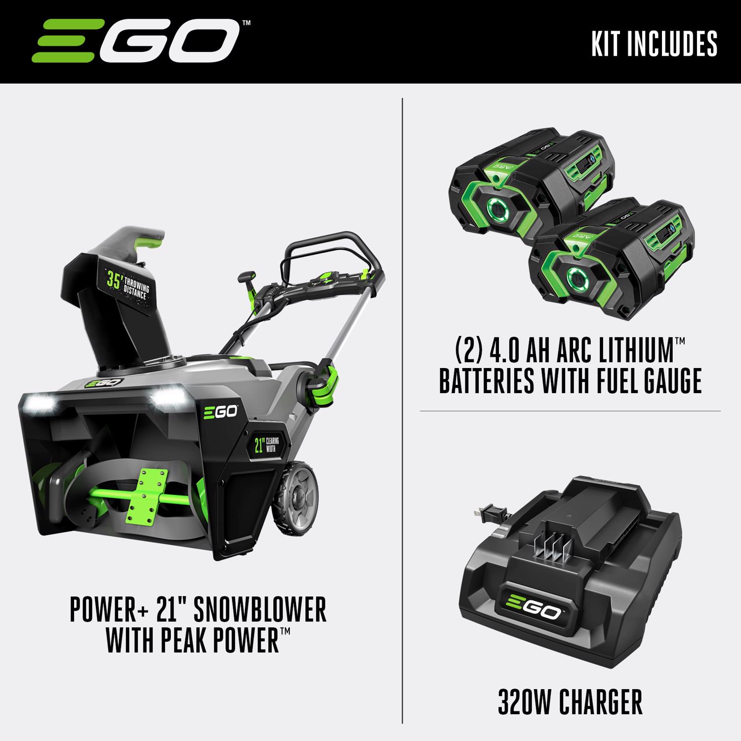 EGO Power+ Peak Power SNT2101 21 in. Single stage 56 V Battery Snow Blower Kit (Battery \u0026 Charger) W/ TWO 4.0 AH BATTERIES