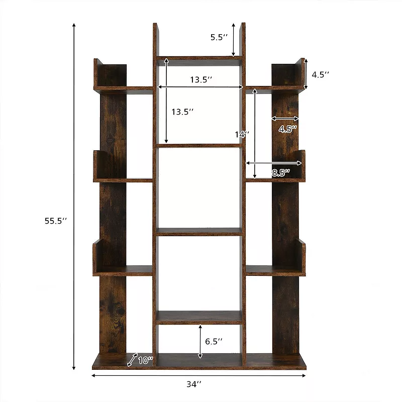 Tree-Shaped Bookshelf with 13 Compartments-Rustic Brown