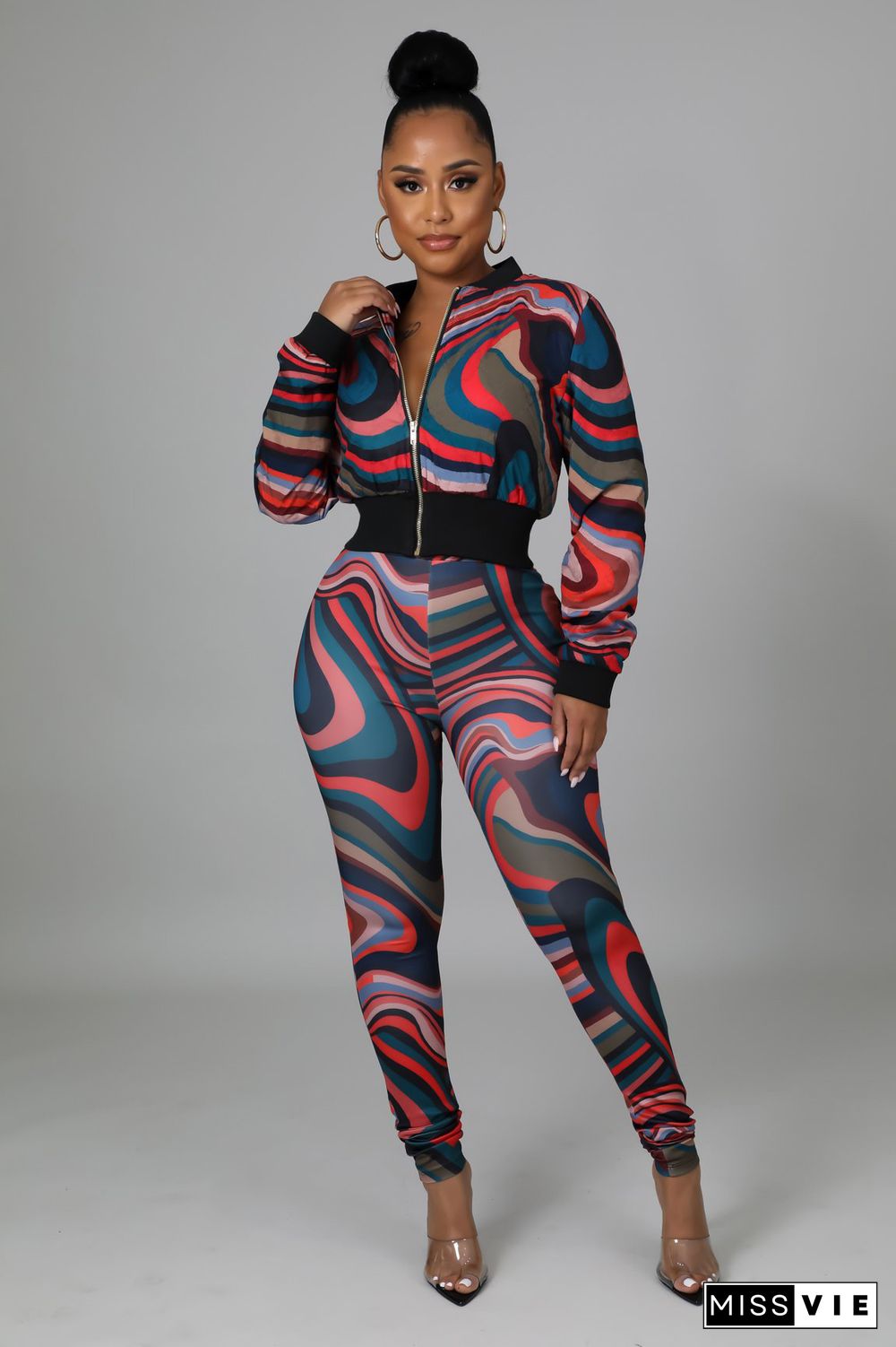 Printed Long Sleeve Zipper Jacket And Pant Suits