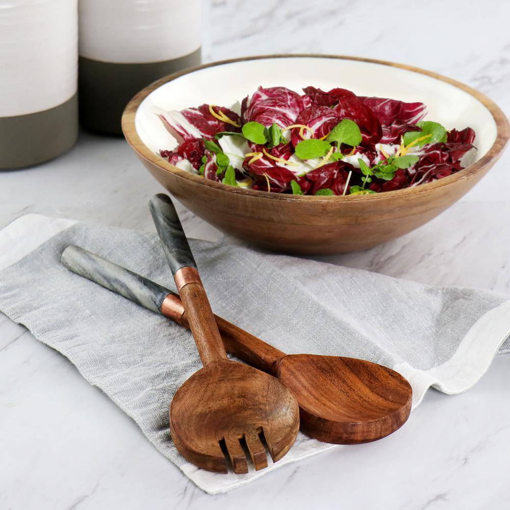 Laurie Gates California Designs Marble and Acacia Wood 2 Piece Salad Server Set 985119087M