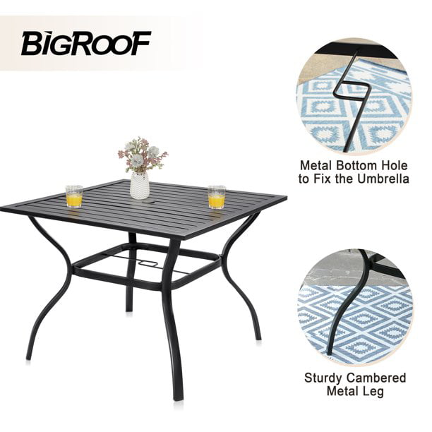 37" Square Patio Dining Table, BigRoof Bistro Table Outdoor Furniture Garden Table, Steel Slat Table Top, 1.57" Umbrella Hole, Brown