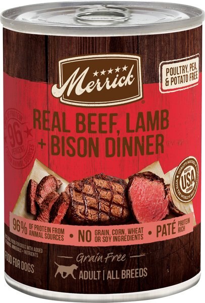 Merrick Grain-Free Real Beef， Lamb and Bison Canned Dog Food