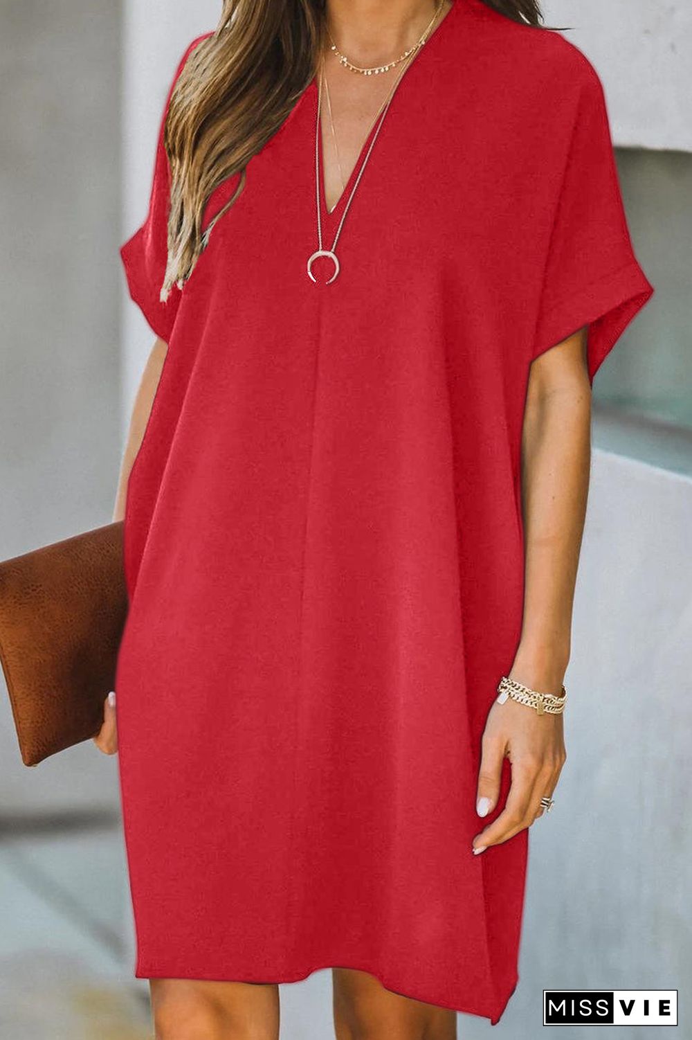 Solid Color V-Neck Loose Midi Dress