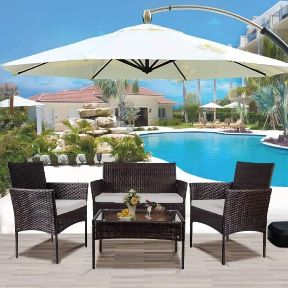 bigzzia Black 4Pieces PE Wicker Outdoor Patio Furniture Sets Loveseat Includes Armchairs and Table with Cushions