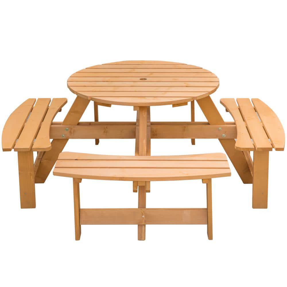 GARDENISED Stained 8Person Round Wooden Outdoor Patio Garden Picnic Table with Bench