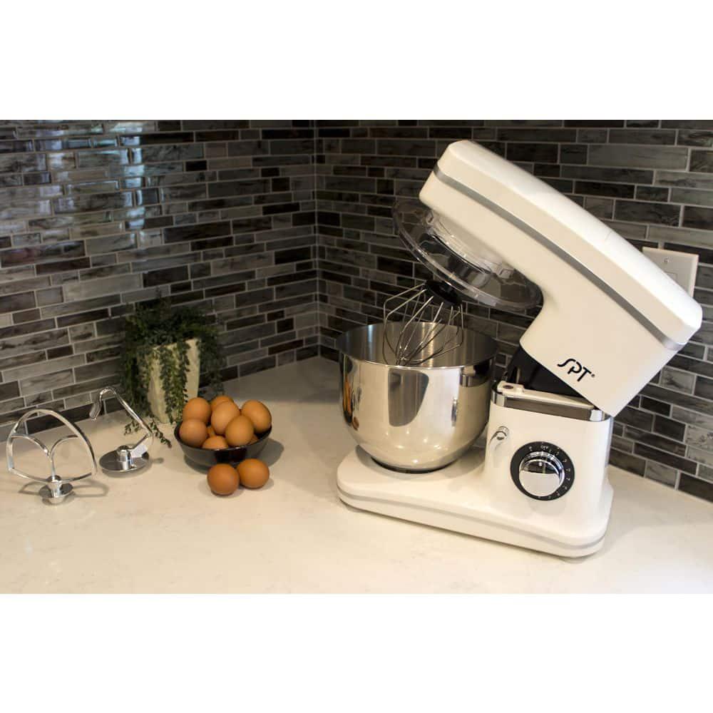 SPT 55 Qt 8Speed Tilt Head White Stand Mixer with Whisk Kneading Hook and Mixer Blade Attachments