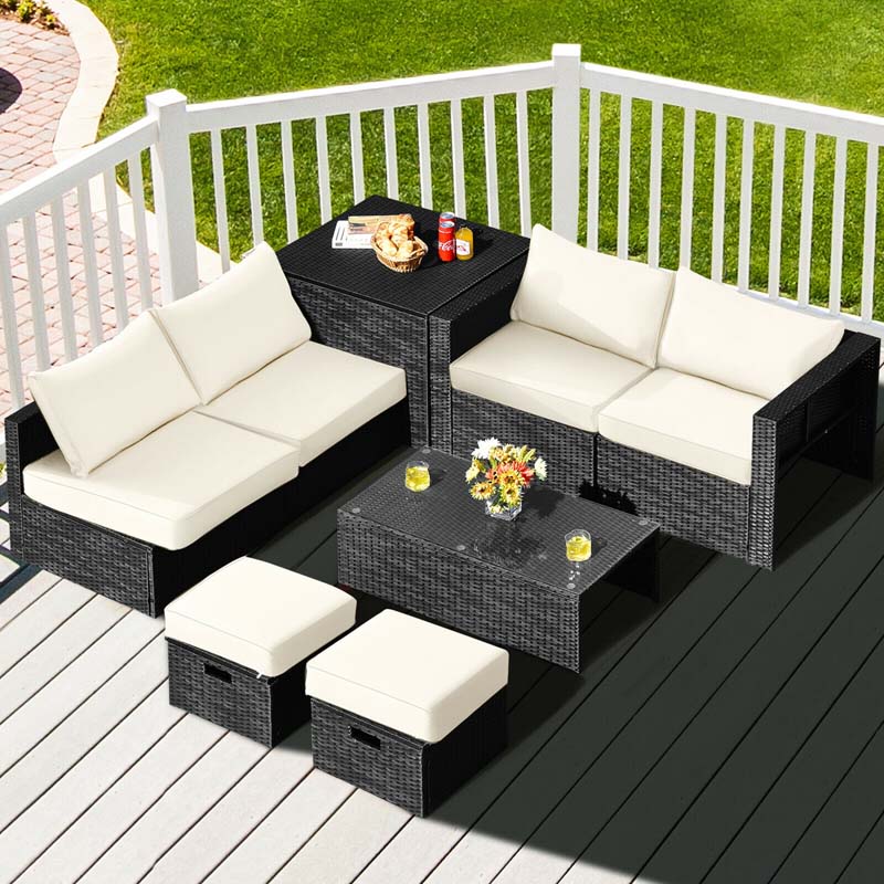 8 Pcs Rattan Wicker Outdoor Patio Furniture Sectional Sofa Set with Storage Box & Waterproof Cover