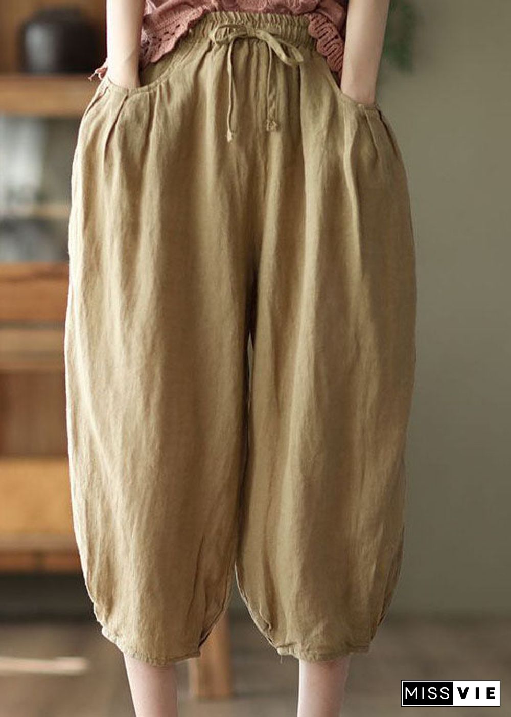 Unique Brown Pockets Patchwork Linen Crop Pants Summer