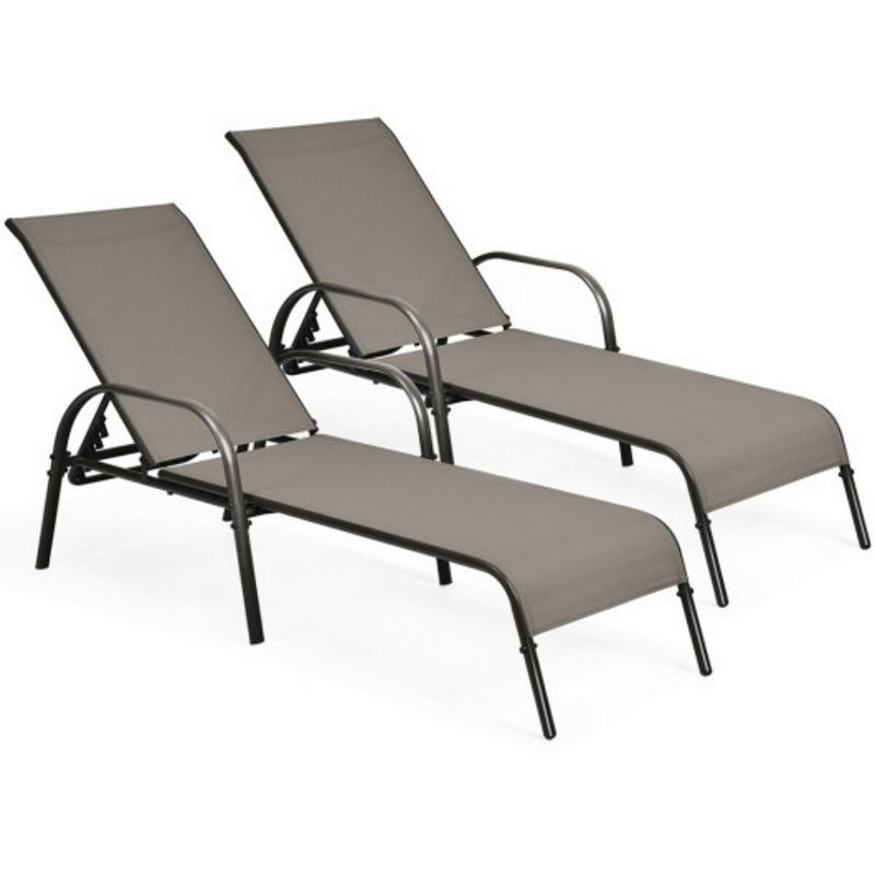 2 Pcs Outdoor Patio Lounge Chair Chaise Fabric with Adjustable Reclining Armrest