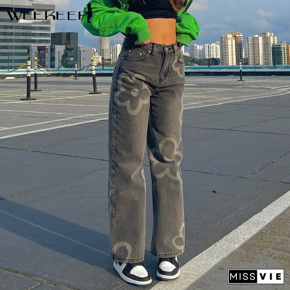 Weekeep Streetwear Grey Straight Jeans Women High Waist Floral Print Loose Denim Trousers Summer Casual Harajuku Long Pants