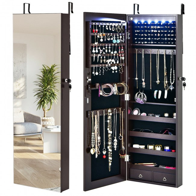 6 LEDs Mirror Jewelry Cabinet Full Screen Display Armoire Organizer with 2 Drawers