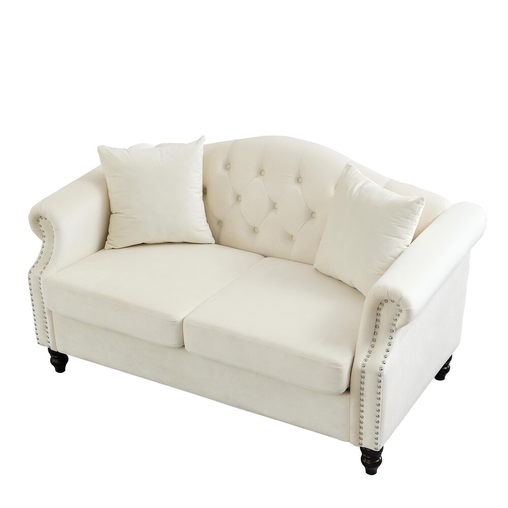 Velvet Upholstered Chesterfield Sofa Set w/Nailhead Tufted Back Sectional Sofa Set w/Flared Arms for Livingroom