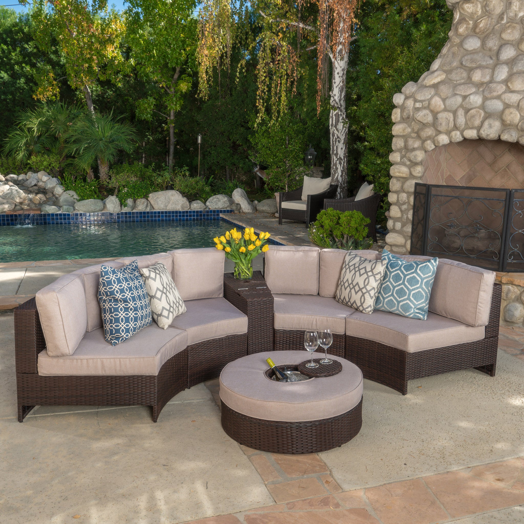 Riviera 6pc Outdoor Sectional Sofa Set w/ Storage Trunk & Ice Bucket