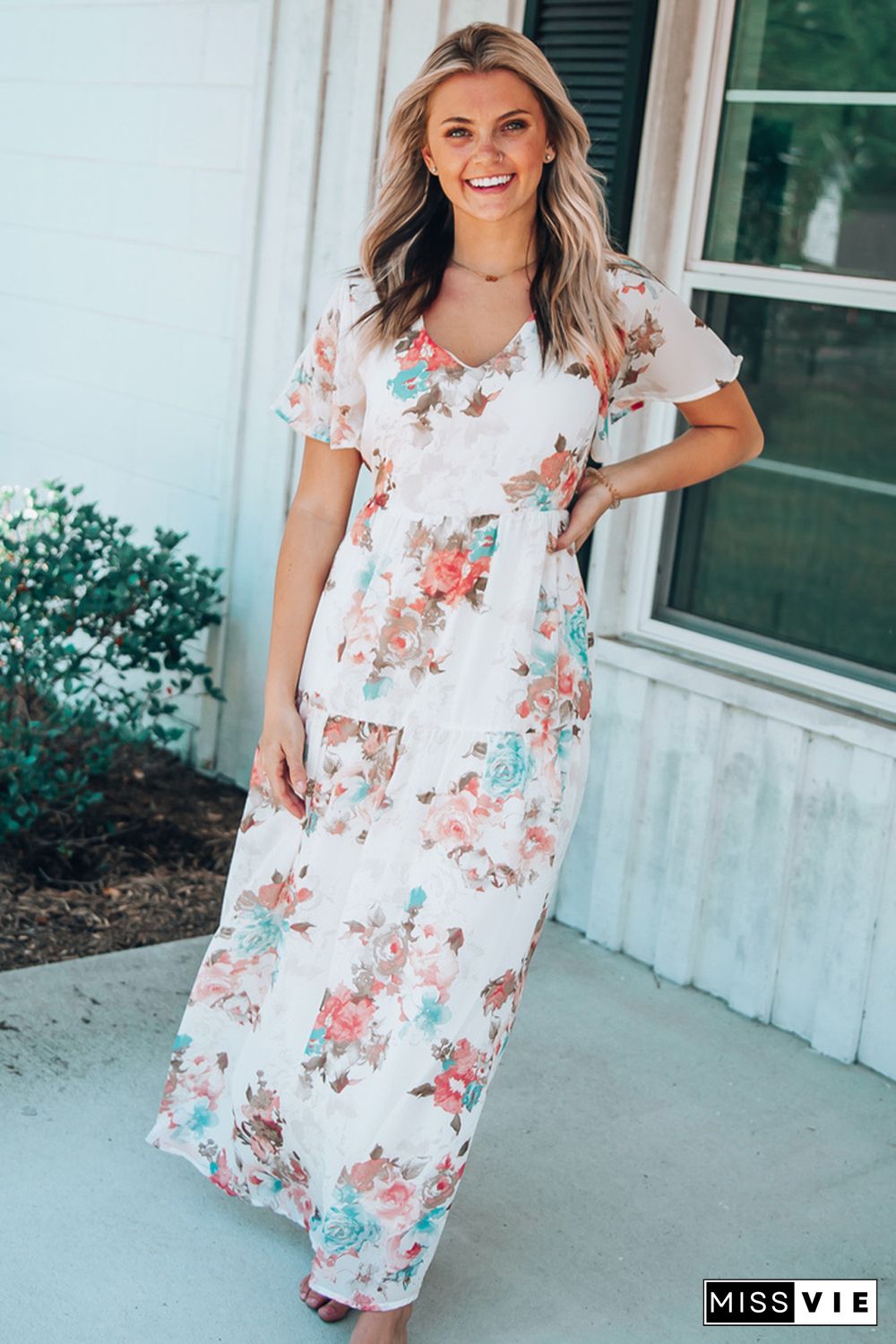 White V Neck Short Sleeves Floral Print Maxi Dress