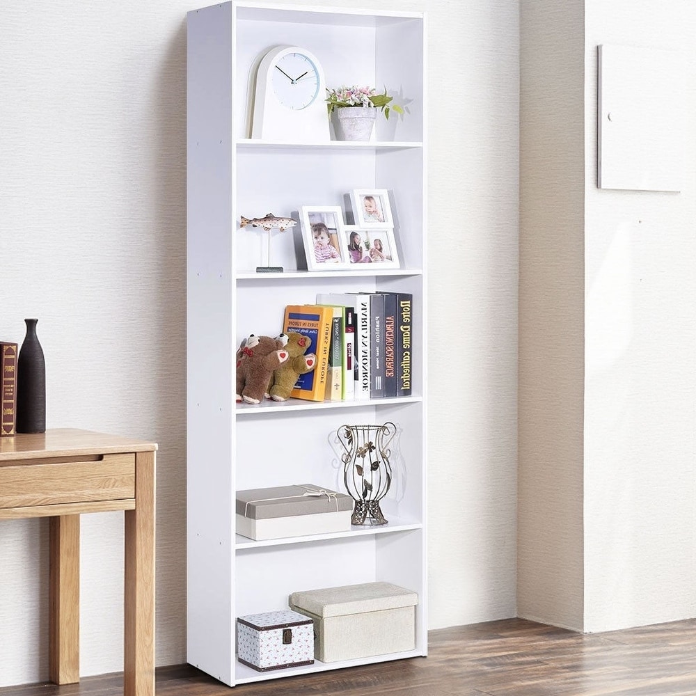 Modern 5 Tier Bookcase Storage Shelf in White Wood Finish   23.5\