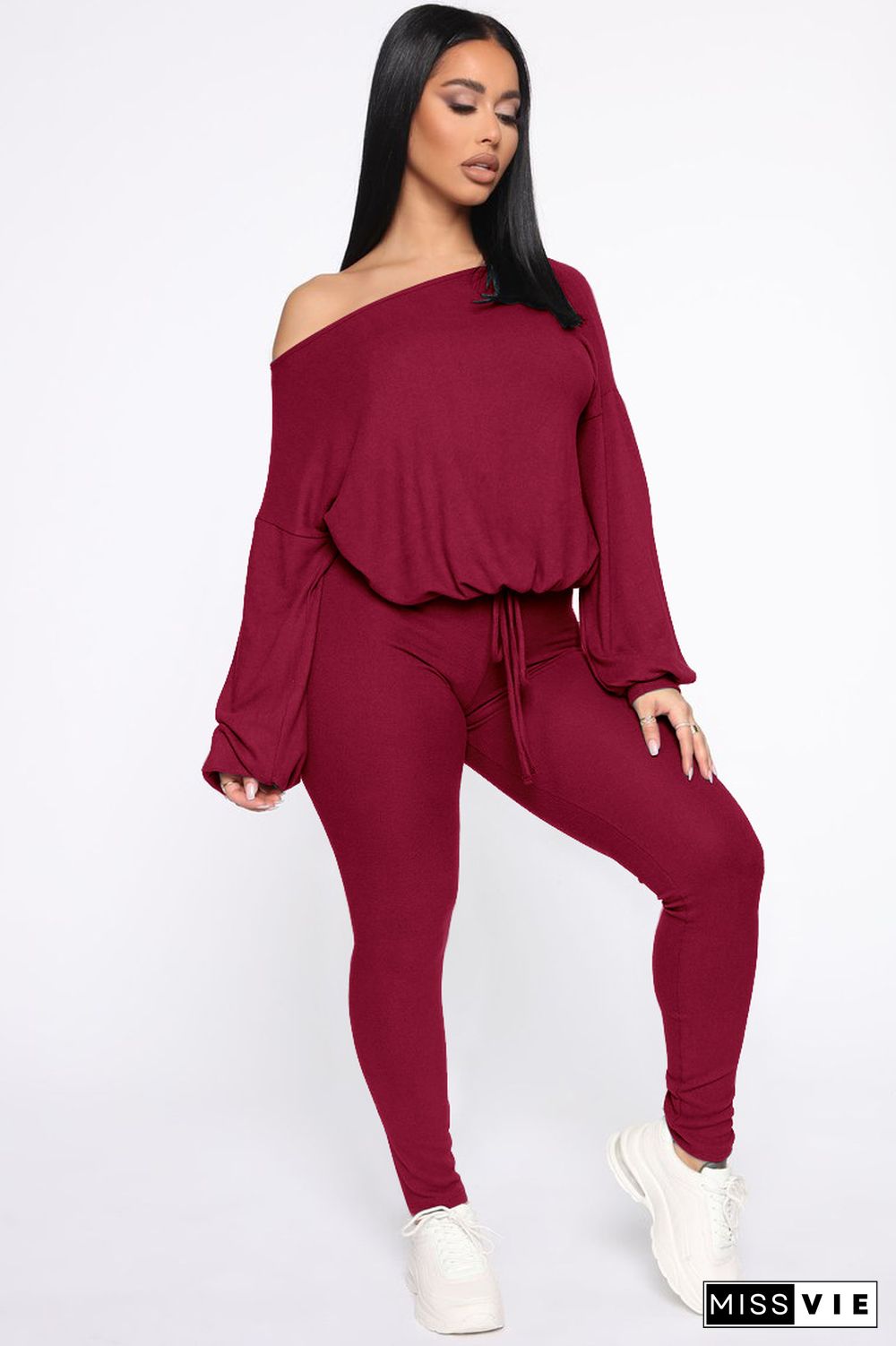 Fashion Solid Color Round Neck Long Sleeve Two-piece Pants Set