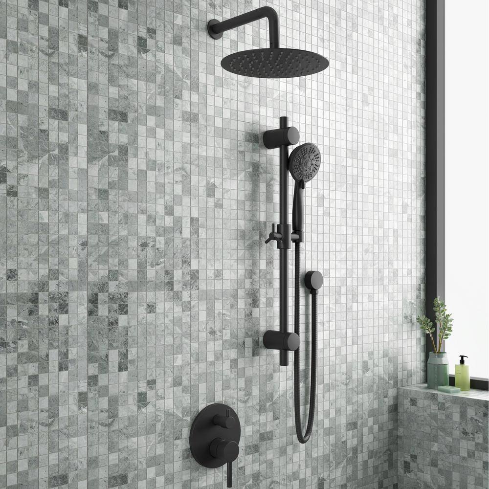 PULSE Showerspas Refuge 6-Spray Patterns with 1.8 GPM 10 in. Wall Mounted Dual Showerheads with Slide Bar and Valve in Matte Black 3006-MB-1.8GPM