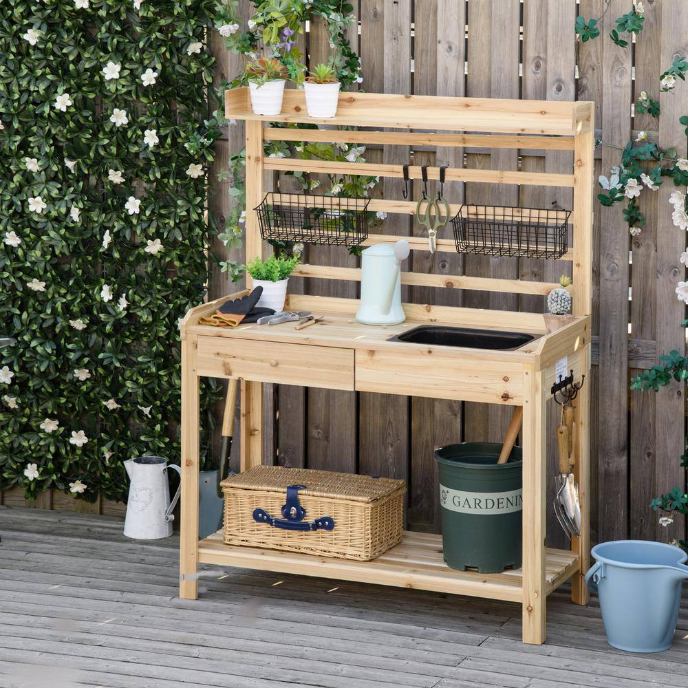 Outdoor Wooden Potting Bench Garden Workstation Table with Removable Sink Hooks and Baskets for Patio Balcony PT-P174501KO