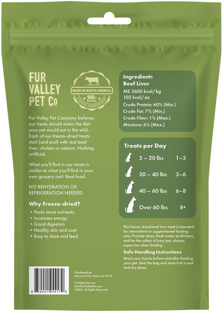 Fur Valley Beef Liver Grain-Free Freeze-Dried Dog Treats， 3-oz bag